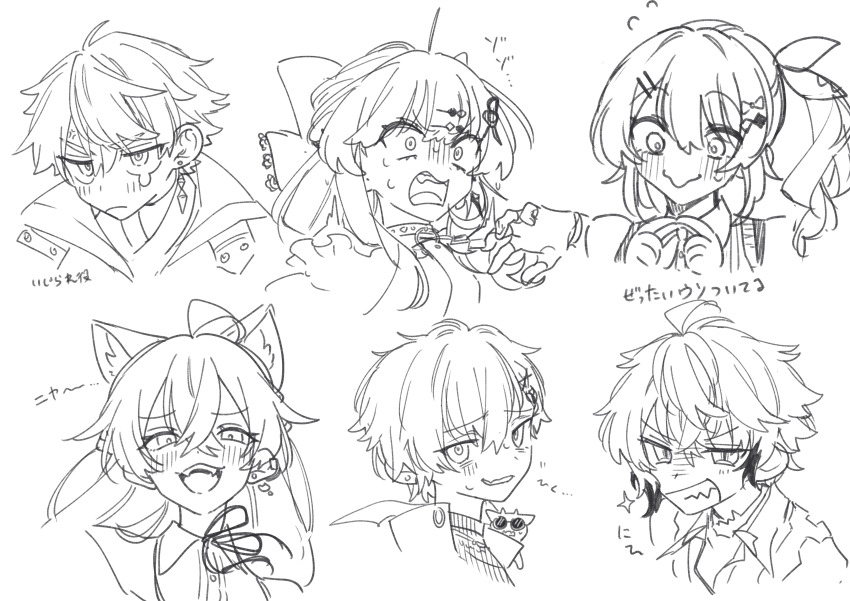 3boys 3girls absurdres ahoge akagi_wen akagi_wen_(1st_costume) animal_ear_fluff animal_ears blush bow cat_ears character_request choker clenched_teeth closed_mouth crossed_bangs earclip earrings fidgeting greyscale hair_bow hair_ornament hairclip half_updo highres ishigami_nozomi ishigami_nozomi_(1st_costume) jewelry kashikaze kitami_yusei kitami_yusei_(1st_costume) koyanagi_rou koyanagi_rou_(2nd_costume) kuramochi_meruto kuramochi_meruto_(1st_costume) long_hair monochrome multiple_boys multiple_girls neck_ribbon nijisanji open_mouth ribbon scared shishido_akari shishido_akari_(casual) short_hair side_ponytail sweatdrop teeth translation_request virtual_youtuber