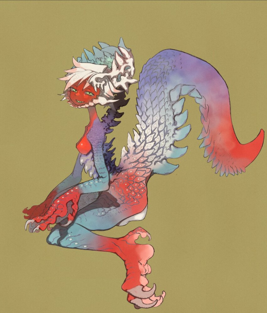 1girl animal_feet animal_hands blue_scales blue_skin claws colored_skin colored_teeth full_body green_eyes green_teeth highres long_tail looking_at_viewer monster_girl nude original oyomotin purple_scales purple_skin red_scales red_skin reptile_girl scales sharp_teeth short_hair simple_background sitting smile solo spines tail teeth wariza white_hair yellow_background