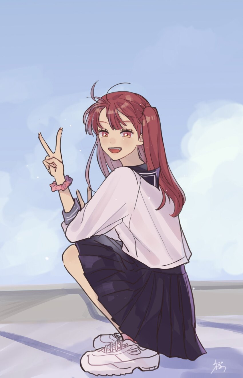 1girl :d black_skirt blue_background erinan full_body hand_up highres looking_at_viewer nire_hikari open_mouth pleated_skirt red_eyes red_hair sailor_collar sailor_shirt school_uniform scrunchie serafuku shirt shoes side_ponytail skirt smile sneakers solo squatting v white_shoes world_trigger wrist_scrunchie