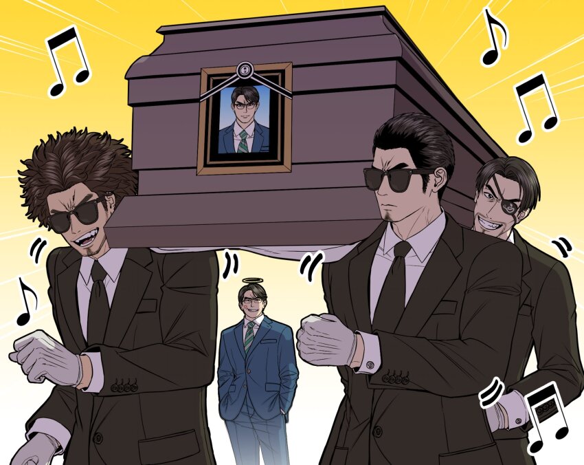 4boys anger_vein arakawa_masato assisted_carrying beard black-framed_eyewear black_hair black_necktie black_suit blue_suit bowl_cut brown_hair carrying cdtxufre chinstrap_beard coffin collared_shirt cowboy_shot dancing dancing_pallbearers_(meme) emphasis_lines eyepatch facial_hair formal_clothes furrowed_brow glasses gloves goatee gradient_background green_necktie grin hair_slicked_back halo hands_in_pockets highres kasuga_ichiban kiryu_kazuma looking_at_viewer majima_goro male_focus meme messy_hair multiple_boys musical_note necktie open_mouth photo_(object) picture_frame ryuu_ga_gotoku_(series) ryuu_ga_gotoku_7 shirt sideburns smile striped_necktie suit sunglasses teeth thick_eyebrows v-shaped_eyebrows white_gloves white_shirt yellow_background