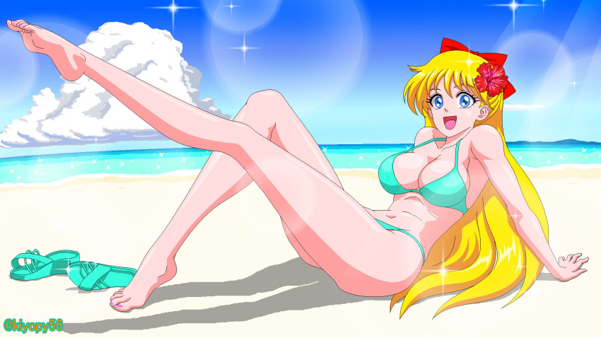 1girl aino_minako bare_legs barefoot beach bikini bishoujo_senshi_sailor_moon blonde_hair blue_eyes blue_sky breasts high_heels_removed highres kiyopy56 large_breasts long_hair nail_polish ocean one_eye_closed pin_up sailor_venus sky swimsuit wink