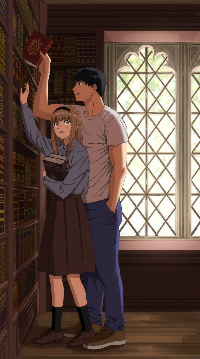 1boy 1girl absurdres black_hair book bookshelf commentary_request couple denim edaori green_eyes hairband height_difference hetero highres holding holding_book indoors library light_brown_hair long_hair looking_at_another original shirt shoes skirt sneakers window