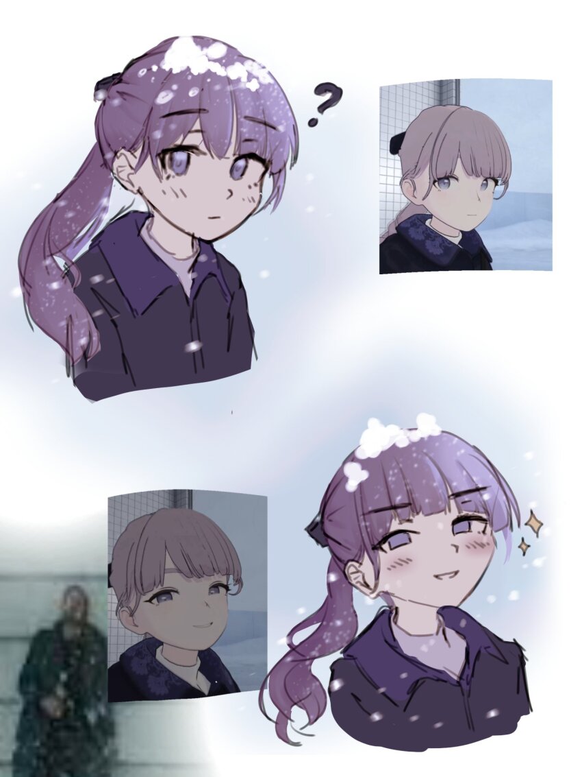 1girl ? blade_runner_2049 blue_background commentary confused english_commentary goslingposting_(meme) gradient_background highres k_(blade_runner_2049) lapwing_(vrchat) long_hair looking_at_viewer meme multiple_views purple_eyes purple_hair reference_inset ryan_gosling screenshot_inset simple_background smile snow sparkle strangeplant teeth vrchat white_background