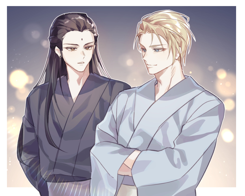 2boys black_hair black_kimono blonde_hair blue_eyes border brown_eyes closed_mouth commentary earrings final_fantasy final_fantasy_vii final_fantasy_vii_remake gradient_background grey_kimono hair_slicked_back highres japanese_clothes jewelry kimono light_particles long_hair long_sleeves looking_at_another male_focus multiple_boys nebula_horion outside_border parted_lips rufus_shinra sash short_hair smile stud_earrings tseng upper_body white_border wide_sleeves