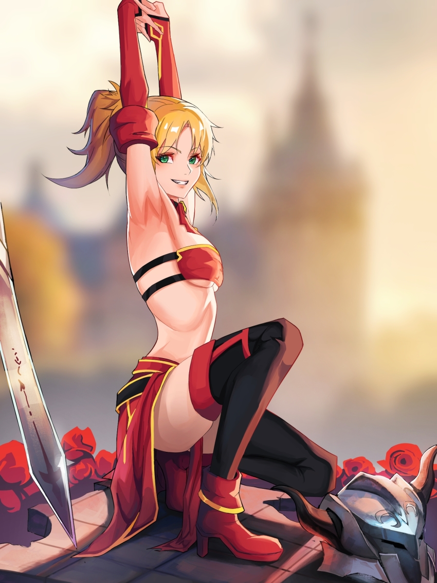 1girl armpits arms_up ascot bandeau blonde_hair blurry blurry_background boots breasts clarent_(fate) commentary curtains detached_sleeves english_commentary fate/grand_order fate_(series) flower full_body green_eyes helmet highres looking_at_viewer medium_breasts medium_hair mordred_(fate) mordred_(fate/apocrypha) own_hands_together parted_lips ponytail rasipan red_ascot red_bandeau red_boots red_flower red_rose red_sleeves rose skindentation smile solo squatting sword teeth thigh_boots thighs underboob underwear unworn_headwear unworn_helmet weapon
