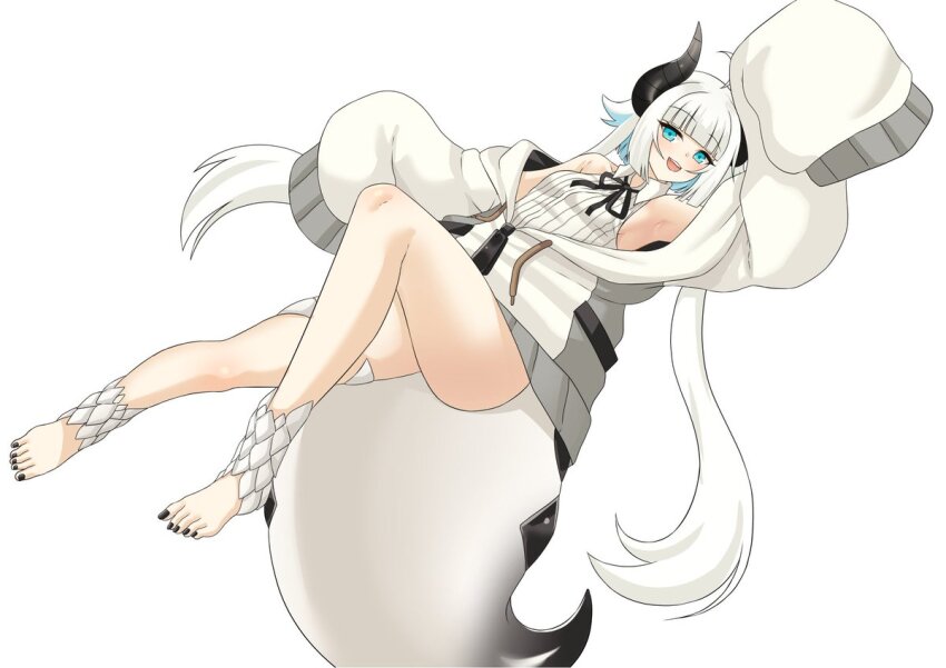 1girl :d ahoge black_horns black_nails blue_eyes blue_hair blunt_bangs breasts collarbone colored_inner_hair commentary commission english_commentary full_body horns jacket long_sleeves multicolored_hair nexas_(vtuber) no_pants open_mouth puffywaffles ruri_tinytale shirt simple_background sleeves_past_fingers sleeves_past_wrists small_breasts smile solo tail teeth toenails tongue twintails two-tone_hair upper_teeth_only virtual_youtuber white_background white_hair white_jacket white_shirt