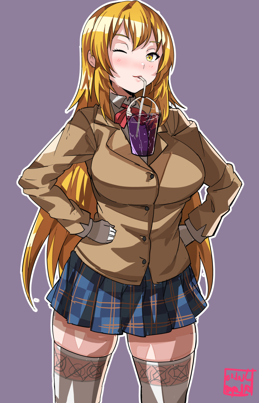 1girl ;) absurdres blazer blonde_hair bow bowtie breasts brown_jacket bubble_tea bubble_tea_challenge collared_shirt drinking_straw drinking_straw_in_mouth gloves grey_skirt hair_between_eyes hands_on_own_hips highres jacket julioalqae large_breasts long_hair long_sleeves looking_at_viewer miniskirt object_on_breast one_eye_closed plaid_clothes plaid_skirt purple_background red_bow red_bowtie school_uniform shirt shokuhou_misaki skirt smile solo thighhighs toaru_kagaku_no_mental_out toaru_kagaku_no_railgun toaru_majutsu_no_index tokiwadai_school_uniform very_long_hair white_gloves white_shirt white_thighhighs winter_uniform yellow_eyes
