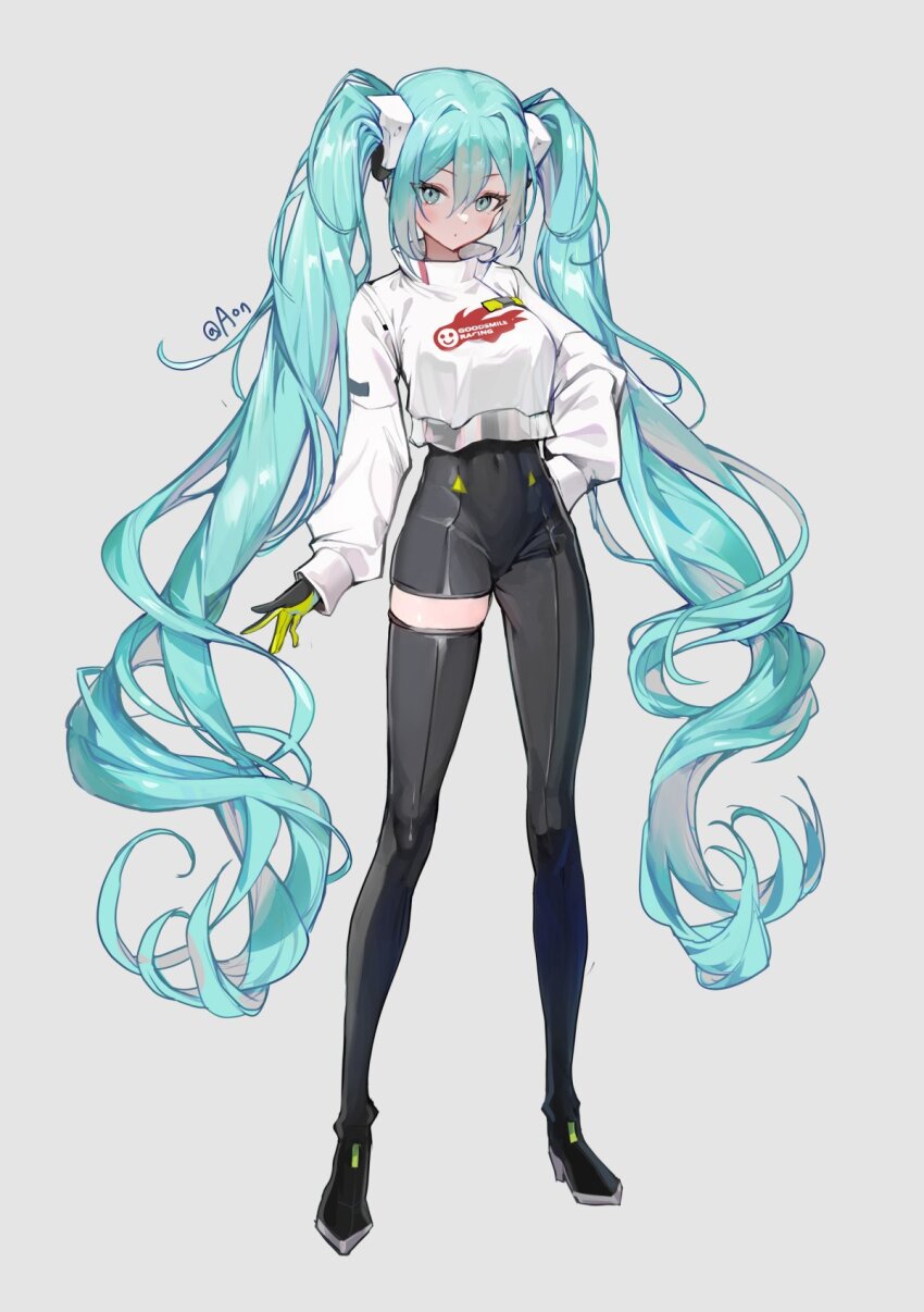 1girl a_(sofi3103) aqua_hair artist_name asymmetrical_bodysuit black_bodysuit black_gloves bodysuit boots breasts cropped_shirt expressionless gloves goodsmile_racing green_gloves grey_background hair_between_eyes hatsune_miku highres long_hair long_sleeves looking_at_viewer medium_breasts racing_miku racing_miku_(2022) shirt sidelocks simple_background single_leg_bodysuit single_thigh_boot skindentation solo standing thigh_boots twintails two-tone_gloves very_long_hair vocaloid white_shirt