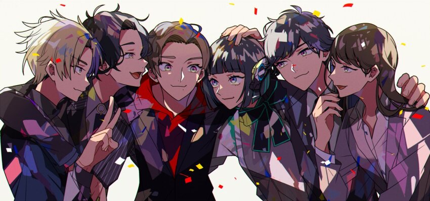 2girls 4boys android black_hair black_jacket black_necktie blonde_hair blue_eyes bow breasts brown_eyes brown_hair formal_clothes fuwa_isamu hiden_aruto hito01 hood hoodie horobi_(kamen_rider_01) humagear_headphones is_(kamen_rider_01) jacket jin_(kamen_rider_01) kamen_rider kamen_rider_01_(series) long_hair long_sleeves looking_at_viewer multicolored_hair multiple_boys multiple_girls necktie open_mouth red_eyes red_hoodie robot_ears shirt short_hair simple_background small_breasts smile suit upper_body white_background white_jacket yaiba_yua yellow_eyes