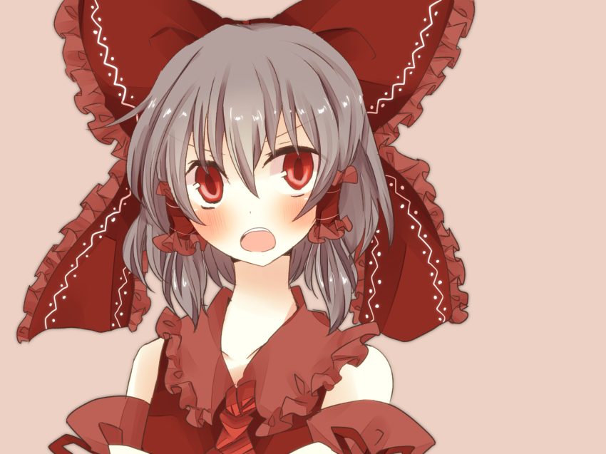 1girl ascot bad_id bad_pixiv_id blush bow brown_eyes brown_hair detached_sleeves dress female_focus hair_bow hair_tubes hakurei_reimu highres japanese_clothes miko open_mouth pasutel red_dress red_eyes simple_background solo touhou