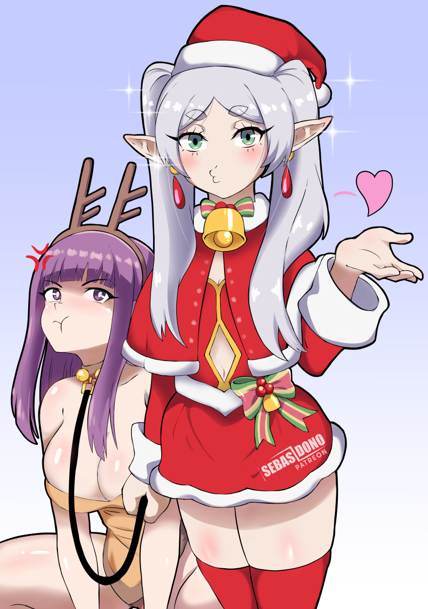2girls :t absurdres antlers blue_background blush breasts cleavage clothing_cutout commentary_request cowboy_shot dress earrings fake_antlers fern_(sousou_no_frieren) frieren green_eyes hand_up hat heart highres holding holding_leash horns jewelry large_breasts leash leotard long_hair looking_at_viewer multiple_girls navel_cutout no_nose orange_leotard purple_eyes purple_hair red_dress red_headwear red_thighhighs santa_costume santa_hat sebasdono short_dress sitting sousou_no_frieren standing strapless strapless_leotard thighhighs thighs twintails white_hair