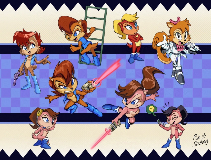 artist_name blue_eyes blue_jacket gun highres holding holding_gun holding_weapon jacket long_hair looking_at_another looking_at_viewer looking_down looking_up sally_acorn sonic_(series) sonic_the_comic sonic_the_hedgehog_(archie_comics) sonic_the_hedgehog_(satam) thepinkgalaxy weapon