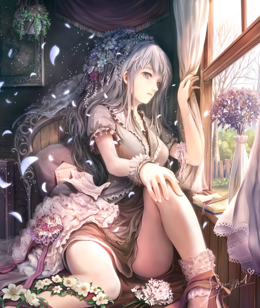 1girl bare_legs blue_eyes book breasts chair curtains female_focus flower green_hair hair_ornament highres indoors long_hair looking_away medium_breasts original painting_(object) petals revision scenery short_hair signature sitting solo soraizumi vase window