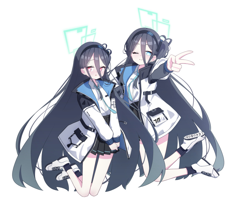 kei_(blue_archive) 2girls 525_woiwo absurdly_long_hair absurdres aqua_halo aris_(blue_archive) black_hair black_skirt blue_archive blue_eyes blue_necktie blush closed_mouth collared_shirt green_halo halo highres jacket long_hair long_sleeves multiple_girls necktie one_eye_closed open_clothes open_jacket parted_lips pleated_skirt rectangular_halo red_eyes shirt shoes simple_background skirt two-sided_fabric two-sided_jacket v very_long_hair white_background white_footwear white_jacket white_shirt
