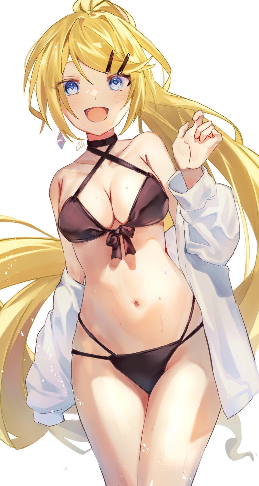 1girl bikini black_bikini blonde_hair blue_eyes breasts cleavage collarbone cowboy_shot criss-cross_halter earrings front-tie_top kagamine_rin_(future_style) hair_ornament hairclip halterneck hand_up high_ponytail highres inubangarou jewelry kagamine_rin leaning_to_the_side long_hair long_sleeves looking_at_viewer medium_breasts navel open_clothes open_mouth open_shirt ponytail shirt simple_background sleeves_past_fingers sleeves_past_wrists smile solo swept_bangs swimsuit very_long_hair vocaloid white_background white_shirt