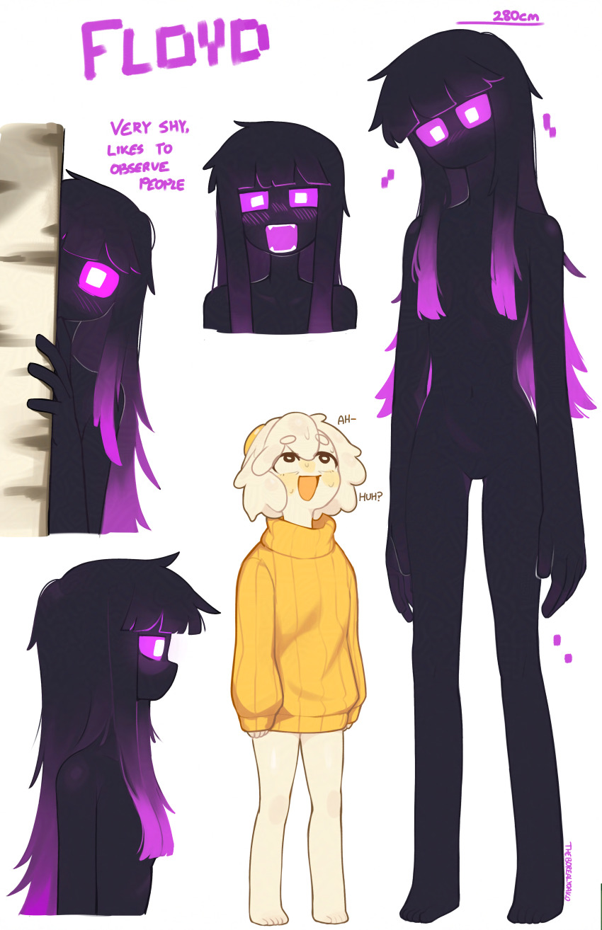 2girls :d absurdres adversarial_noise birch_tree black_hair black_skin blush borrowed_character check_copyright colored_sclera colored_skin copyright_request egg_(lemyawn) enderman english_text fangs gradient_hair hair_flaps hair_over_breasts height height_difference hiding highres long_hair looking_at_another minecraft multicolored_hair multiple_girls multiple_views nervous_sweating no_pants nude open_mouth original peeking_out pink_hair pink_sclera simple_background smile standing sweat sweater tall_female teeth tree white_background white_eyes yellow_sweater yoako