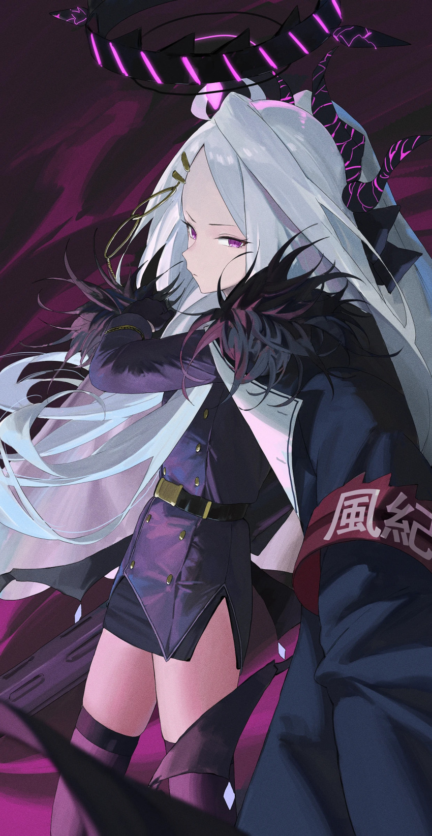 024th 1girl absurdres armband black_gloves blue_archive closed_mouth feet_out_of_frame floating_hair from_side gloves hair_ornament halo highres hina_(blue_archive) horns jacket long_hair long_sleeves looking_at_viewer low_wings open_clothes open_jacket purple_eyes sideways_glance solo standing thighhighs very_long_hair white_hair wings