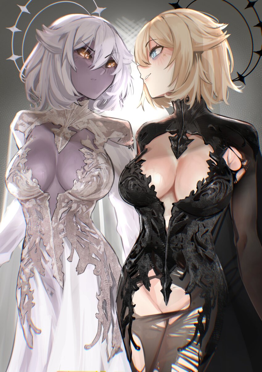 2girls absurdres black_dress black_halo blonde_hair blue_eyes breasts character_request chronopattern_dress colored_skin cowboy_shot dress grey_background grey_hair grey_skin halo highres kaneko_lumi large_breasts multiple_girls phase_connect pupi_(rain_prophet) simple_background virtual_youtuber white_dress white_halo yellow_eyes