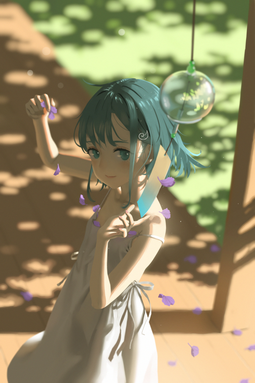1girl bare_shoulders blurry dappled_sunlight depth_of_field dress flat_chest green_eyes green_hair highres looking_at_viewer original outdoors petals short_hair smile solo summer sundress sunlight vofan wind wind_chime