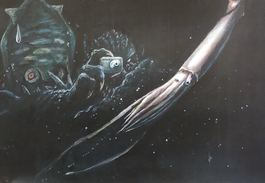 camera company_connection dark g.n.a gezora giant_squid godzilla godzilla_(series) godzilla_vs._biollante hiding highres kaiju no_humans ocean red_eyes rock sea_monster space_amoeba_(film) squid taking_picture tentacles toho underwater
