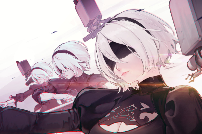 1girl 2b_(nier:automata) absurdres black_dress black_hairband blindfold breasts cleavage cleavage_cutout clothing_cutout covered_eyes dress hairband hatski.sin highres juliet_sleeves long_sleeves medium_breasts mole mole_under_mouth nier:automata nier_(series) pod_(nier:automata) puffy_sleeves robot short_hair sword upper_body weapon white_hair