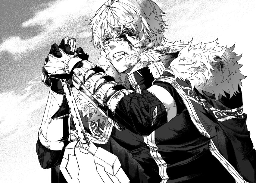 1boy after_battle armor blood blood_on_face bruise cape collared_cape excalibur_galatine_(fate) fate/extra fate/grand_order fate_(series) fur-trimmed_cape fur_trim gauntlets gawain_(fate) greyscale hair_between_eyes highres injury knight monochrome pectorals planted planted_sword planted_weapon potato_goril short_hair solo sword thick_eyebrows upper_body weapon