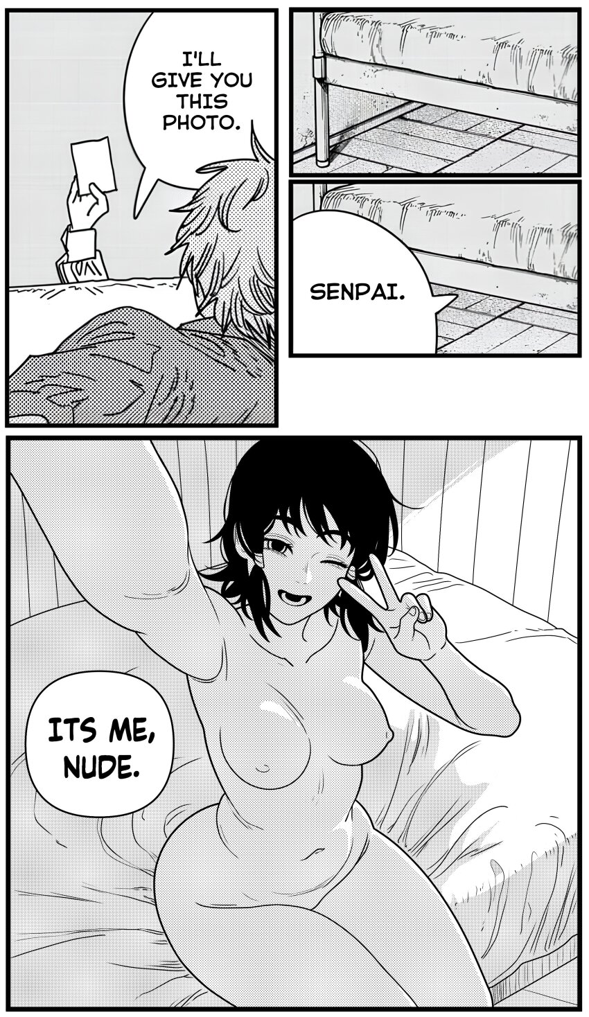 1boy 1girl absurdres armpits bed belly black_hair breasts chainsaw_man collarbone completely_nude curvy denji_(chainsaw_man) derivative_work freshnsfw highres mifune_fumiko monochrome navel nipples nude open_mouth screentones selfie short_hair sitting smile thick_thighs thighs wide_hips