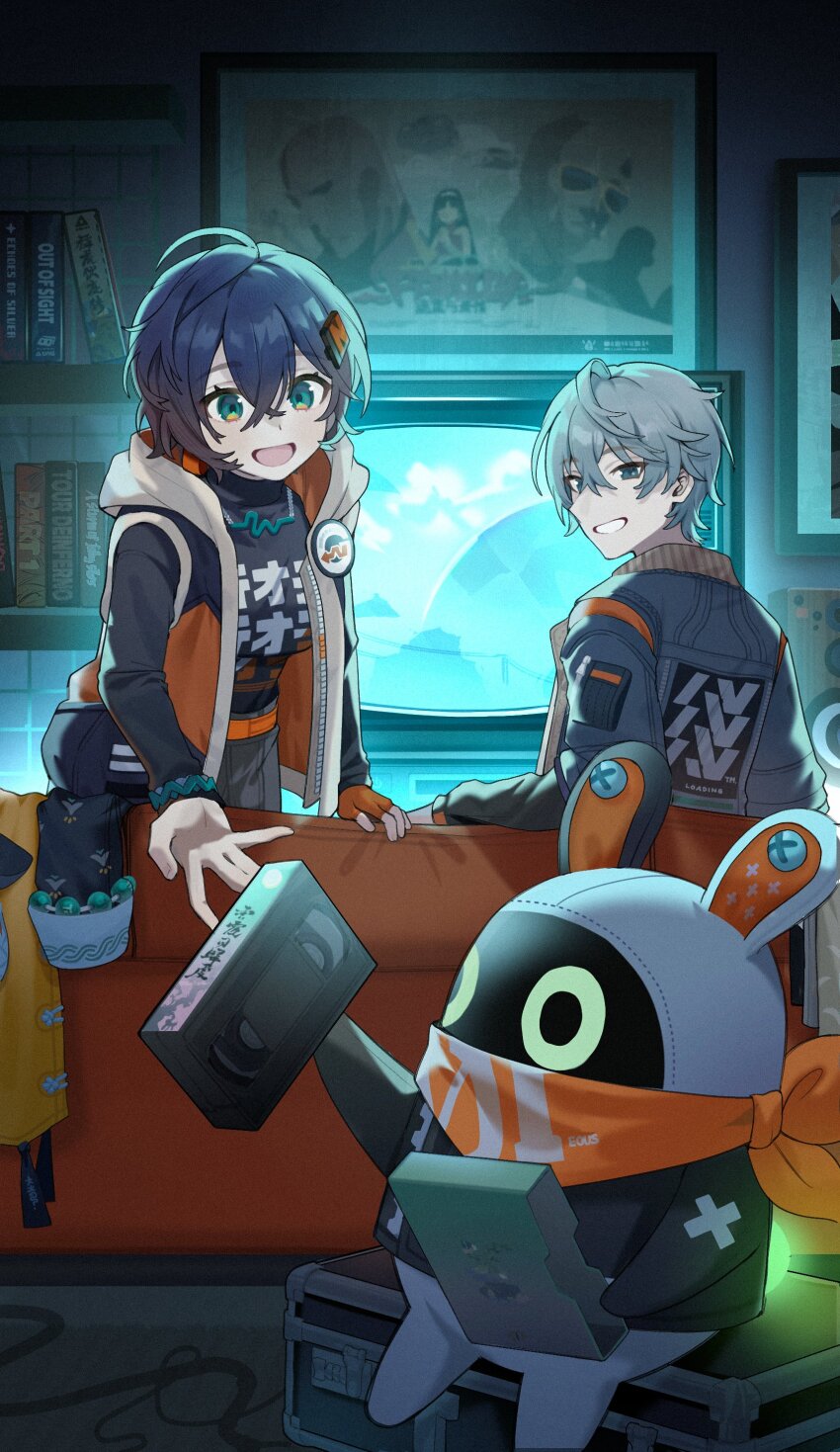 13_(spice!!) 1boy 1girl absurdres ahoge animal_ears badge bangboo_(zenless_zone_zero) belle_(zenless_zone_zero) belt black_jacket black_shirt blue_hair breasts briefcase button_badge clothes_writing commentary couch eous_(zenless_zone_zero) from_behind green_eyes grey_hair grey_jacket grey_skirt grin hair_ornament highres holding holding_cassette hood hooded_jacket indoors jacket letter_hair_ornament long_sleeves looking_at_another multicolored_jacket on_couch open_mouth orange_belt orange_jacket orange_scarf picture_frame pocket rabbit_ears reaching reaching_towards_another scarf shelf shirt sitting sitting_on_object skirt smile television turtleneck turtleneck_shirt videocassette wise_(zenless_zone_zero) zenless_zone_zero