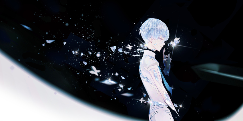 1other absurdres antarcticite bug butterfly commentary crack crystal_hair gem_uniform_(houseki_no_kuni) glint hand_up highres houseki_no_kuni insect profile shan_gui_yu_yao short_hair solo upper_body white_butterfly white_hair wide_shot