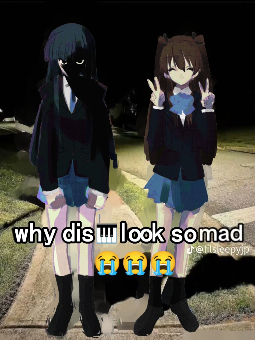 2girls absurdres black_footwear black_hair black_jacket black_socks blazer blue_bow blue_necktie blue_skirt blunt_bangs bow bowtie brown_hair closed_eyes collared_shirt crying_emoji double_v emoji face_in_shadow full_body highres houjou_high_school_uniform jacket long_hair looking_at_viewer meme multiple_girls necktie night ogiso_setsuna outdoors pleated_skirt school_uniform shaded_face shirt skirt smile socks standing tako3000 touma_kazusa two_side_up v white_album_(series) white_album_2 white_shirt why_dis_ninja_look_so_mad_(meme)