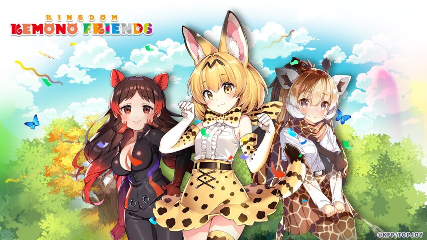 3girls animal_ears animal_print black_hair blonde_hair bow bowtie cat_ears cat_girl cat_tail elbow_gloves extra_ears giraffe_ears giraffe_girl giraffe_horns giraffe_print gloves highres hippopotamus_(kemono_friends) hippopotamus_ears horns jacket kemono_friends kemono_friends_kingdom kneehighs long_hair looking_at_viewer multiple_girls necktie official_art pantyhose red_eyes red_hair reticulated_giraffe_(kemono_friends) scarf serval_(kemono_friends) shirt short_hair skirt sleeveless sleeveless_shirt socks tail yellow_eyes