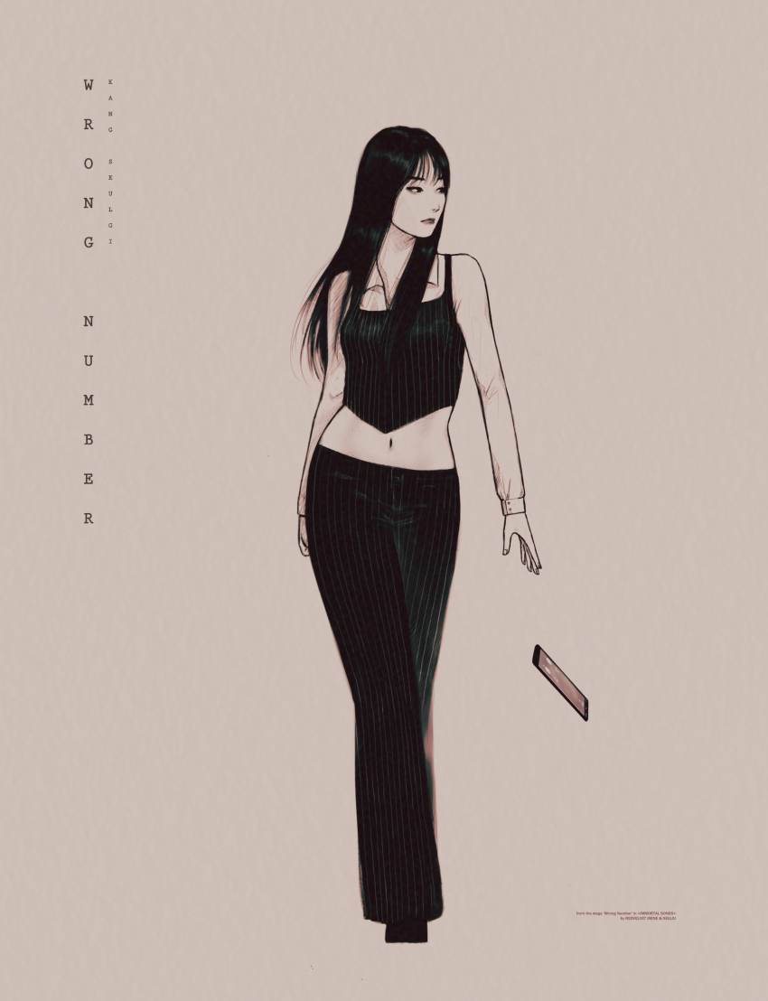 1girl absurdres artist_name_(singer) closed_mouth collared_shirt commentary english_commentary falling full_body greyscale highres k-pop long_hair long_sleeves looking_to_the_side monochrome navel phone real_life red_velvet_(group) seulgi_(red_velvet) shirt simple_background sin_daybreak solo song_name