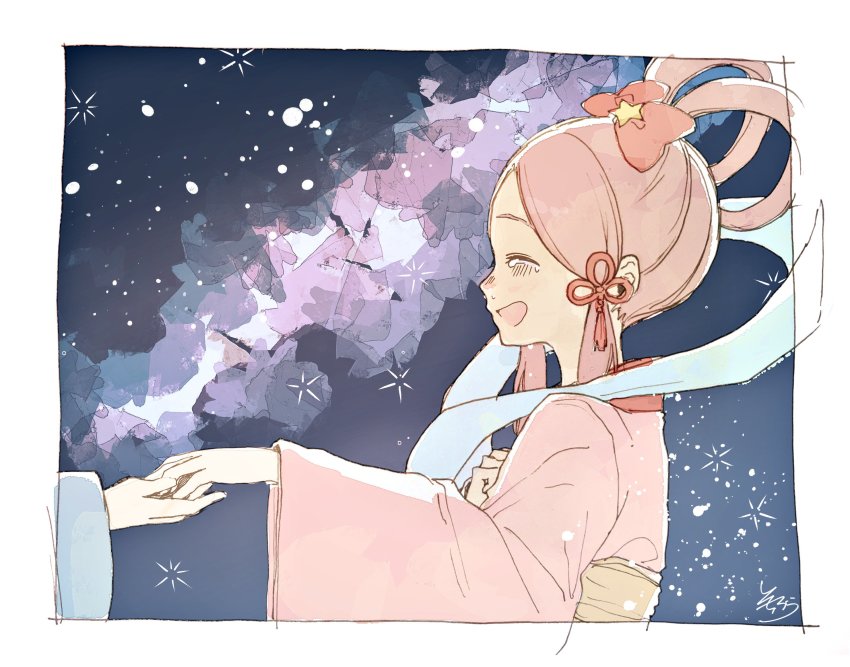 1boy 1girl :d ^_^ blush bow closed_eyes from_side hagoromo hair_bow hair_ornament hair_rings highres hikoboshi holding_hands japanese_clothes kimono long_sleeves obi open_mouth original orihime_(tanabata) out_of_frame parted_bangs pink_kimono profile red_bow sash shawl signature sky sleeves_past_wrists smile sofra solo_focus star_(sky) star_(symbol) starry_sky tanabata tassel tears upper_body wide_sleeves