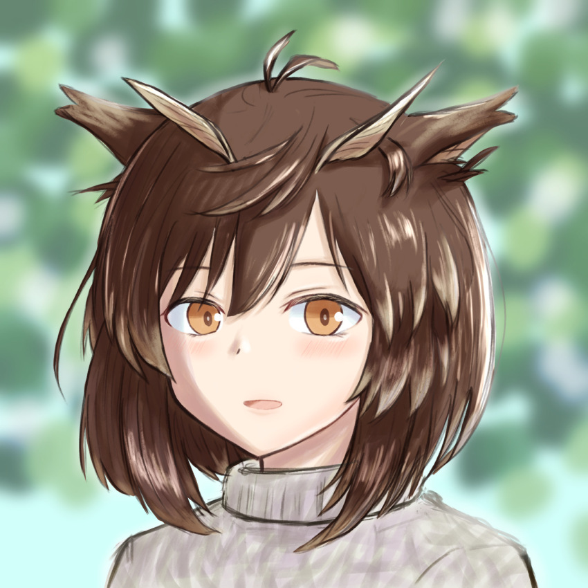 1girl arknights blurry blurry_background blush brown_hair commentary_request grey_sweater hair_between_eyes highres looking_at_viewer no_eyewear open_mouth partial_commentary portrait short_hair silence_(arknights) sketch smile solo sweater turtleneck turtleneck_sweater yellow_eyes yudoufu_(bioyudoufu)