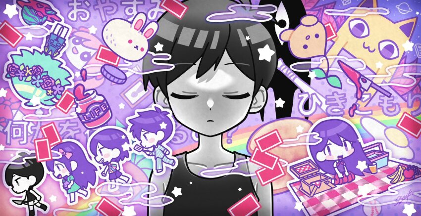 2girls 4boys aubrey_(headspace)_(omori) aubrey_(omori) ball basil_(headspace)_(omori) basil_(omori) big_yellow_cat_(omori) black_eyes black_hair black_tank_top blood bloody_knife blue_shirt card chibi collarbone colored_skin food forest_bunny_(omori) fruit green_hair hero_(headspace)_(omori) hero_(omori) highres holding holding_ball holding_knife holding_spatula holding_stuffed_toy jar kel_(headspace)_(omori) kel_(omori) knife long_shirt mari_(headspace)_(omori) mari_(omori) mr._plantegg_(omori) multiple_boys multiple_girls omori omori_(omori) pajamas playing_card purple_eyes purple_hair shirt short_hair short_sleeves spatula sprout_mole stuffed_eggplant stuffed_toy syu_x t-shirt tank_top translation_request watermelon white_skin