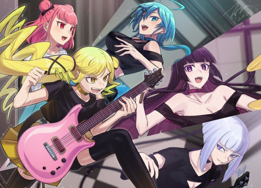 5girls aoki_shizumi black_shirt black_thighhighs blonde_hair blue_eyes blue_hair breasts cleavage double_bun female_focus guitar hair_bun highres holding holding_guitar holding_instrument instrument isemi_tina kurogane_otoha large_breasts looking_at_viewer matching_hair/eyes multiple_girls music pink_eyes pink_hair playing_guitar playing_instrument purple_eyes purple_hair rock_wa_lady_no_tashinami_deshite shiraya_tamaki shirt siblings sisters suzunomiya_alice suzunomiya_lilisa thighhighs twintails yellow_eyes