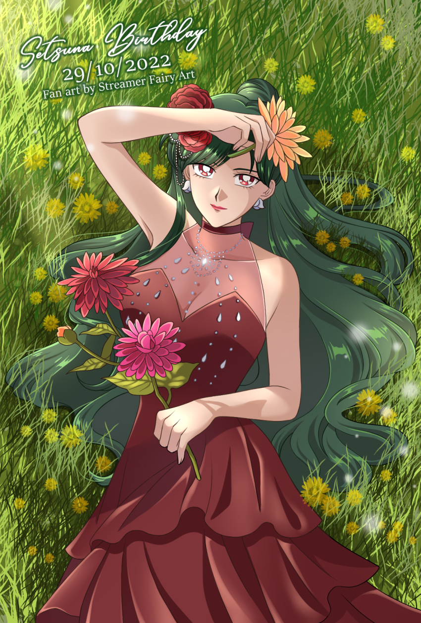 1girl bishoujo_senshi_sailor_moon breasts cleavage dahlia dated_commentary dress earrings english_text flower green_hair happy_birthday highres jewelry koya large_breasts long_hair medium_breasts meiou_setsuna red_dress red_eyes red_flower red_rose rose solo swept_bangs very_long_hair