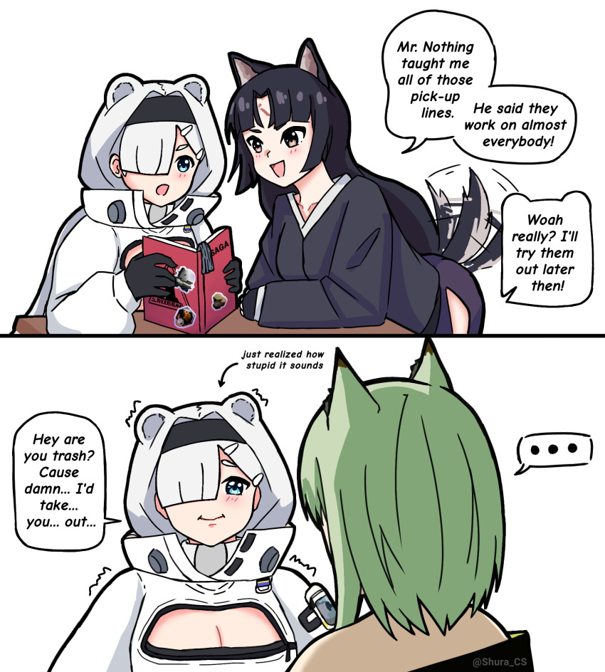 ... 2koma 3girls :o animal_ears arknights artist_name aurora_(arknights) bear_ears bear_girl black_gloves black_hair black_hairband black_kimono book breasts cleavage cleavage_cutout clothing_cutout comic commentary dog_ears english_commentary english_text from_behind gloves green_hair hair_over_one_eye hairband highres holding holding_book japanese_clothes kal&#039;tsit_(arknights) kimono leaning_forward leaning_on_table long_hair long_sleeves medium_breasts multiple_girls reading saga_(arknights) shura_(shura_cs) simple_background sitting spoken_ellipsis table tail tail_wagging trembling twitter_username upper_body white_background white_hair