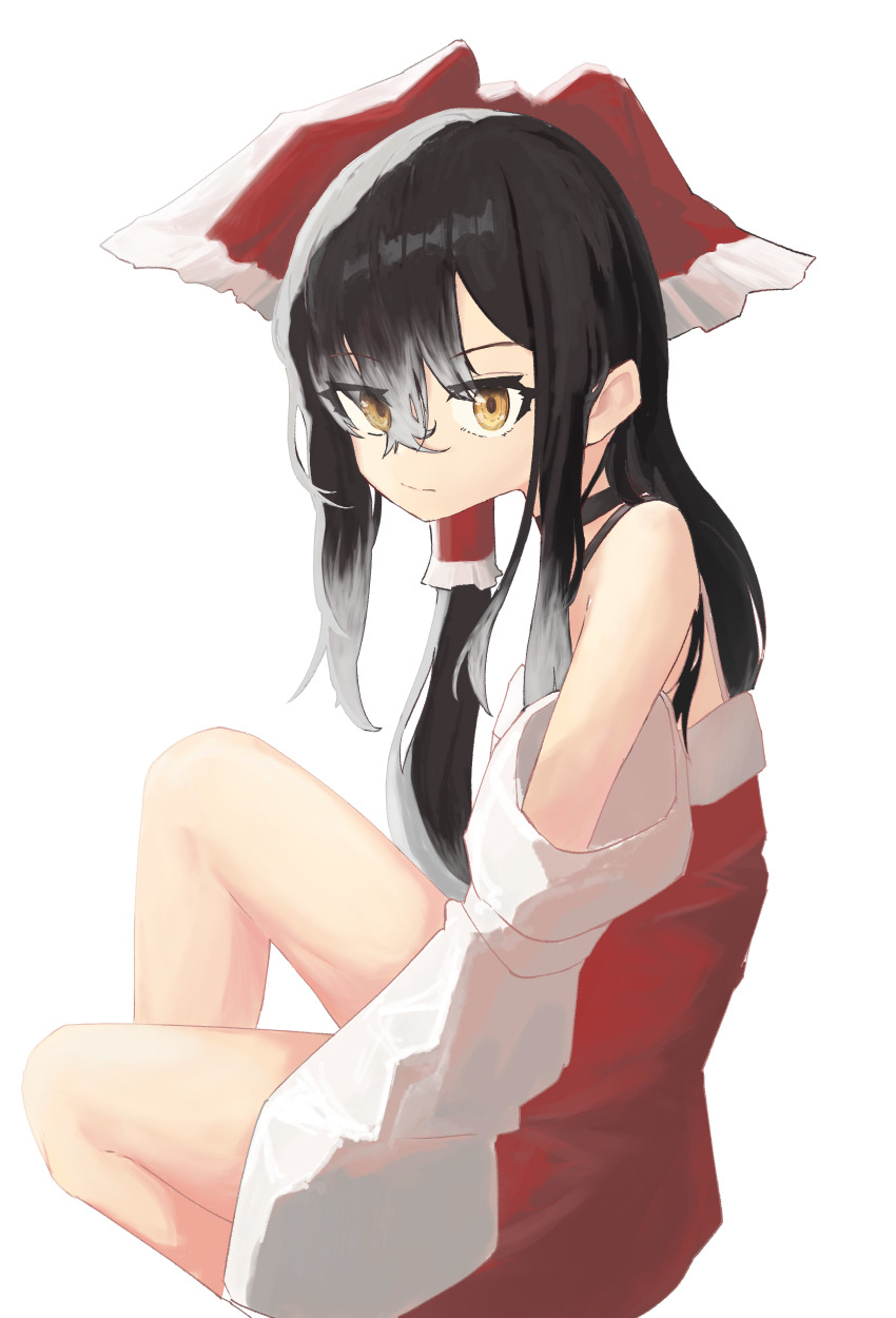 1girl absurdres black_hair bow closed_mouth commentary_request cookie_(touhou) detached_sleeves dress expressionless eyes_visible_through_hair feet_out_of_frame frilled_bow frilled_tube_top frills gradient_hair grey_hair hair_between_eyes hair_bow hakurei_reimu highres long_hair looking_at_viewer multicolored_hair red_bow red_dress simple_background sleeveless sleeveless_dress solo touhou tube_top white_background white_sleeves whiterolo yellow_eyes yuyusu_(cookie)