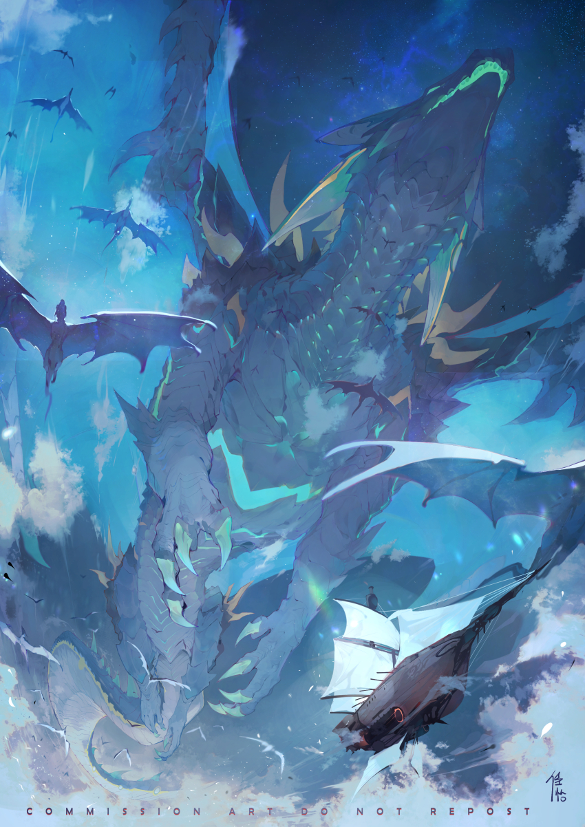 absurdres aircraft airship aqua_eyes blue_sky claws cloud colored_mouth commentary commission cporing day dragon eastern_dragon fantasy flying from_below giant giant_monster green_eyes highres midair monster no_humans open_mouth original outdoors sail scales sky starry_(cn.csq) tail wings