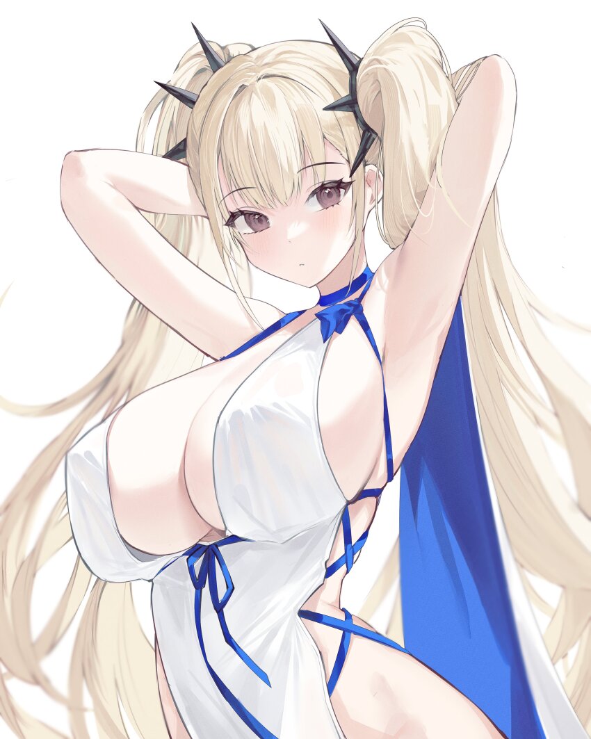 1girl absurdres armpits arms_behind_head arms_up azur_lane bare_shoulders blonde_hair blue_ribbon blush breasts cleavage dress formidable_(anniversary_memories)_(azur_lane) formidable_(azur_lane) grey_eyes gurami_(zangizarang) highres large_breasts long_hair looking_at_viewer official_alternate_costume parted_lips ribbon sideboob sidelocks simple_background solo standing twintails two-sided_fabric upper_body very_long_hair white_background white_dress