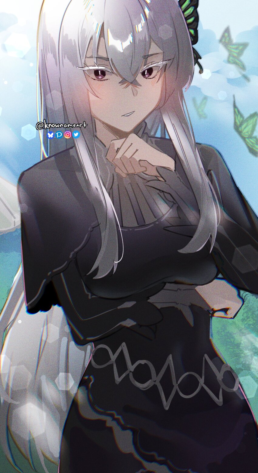 1girl absurdres arm_under_breasts black_dress blush breasts bug butterfly butterfly_hair_ornament colored_eyelashes dress echidna_(re:zero) grass green_butterfly hair_between_eyes hair_ornament highres insect knowname light_blush light_particles long_dress long_hair looking_at_viewer medium_breasts parasol re:zero_kara_hajimeru_isekai_seikatsu twitter_username umbrella white_eyelashes white_hair witch