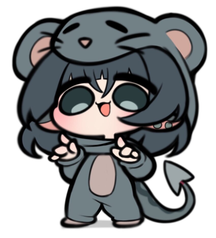1girl animal_costume animal_ears black_hair chibi chibi_only highres jane_doe_(zenless_zone_zero) mini_person mouse_costume mouse_ears mouse_girl mouse_tail open_mouth otu_(o2h2_oh4) sharp_tail tagme tail zenless_zone_zero