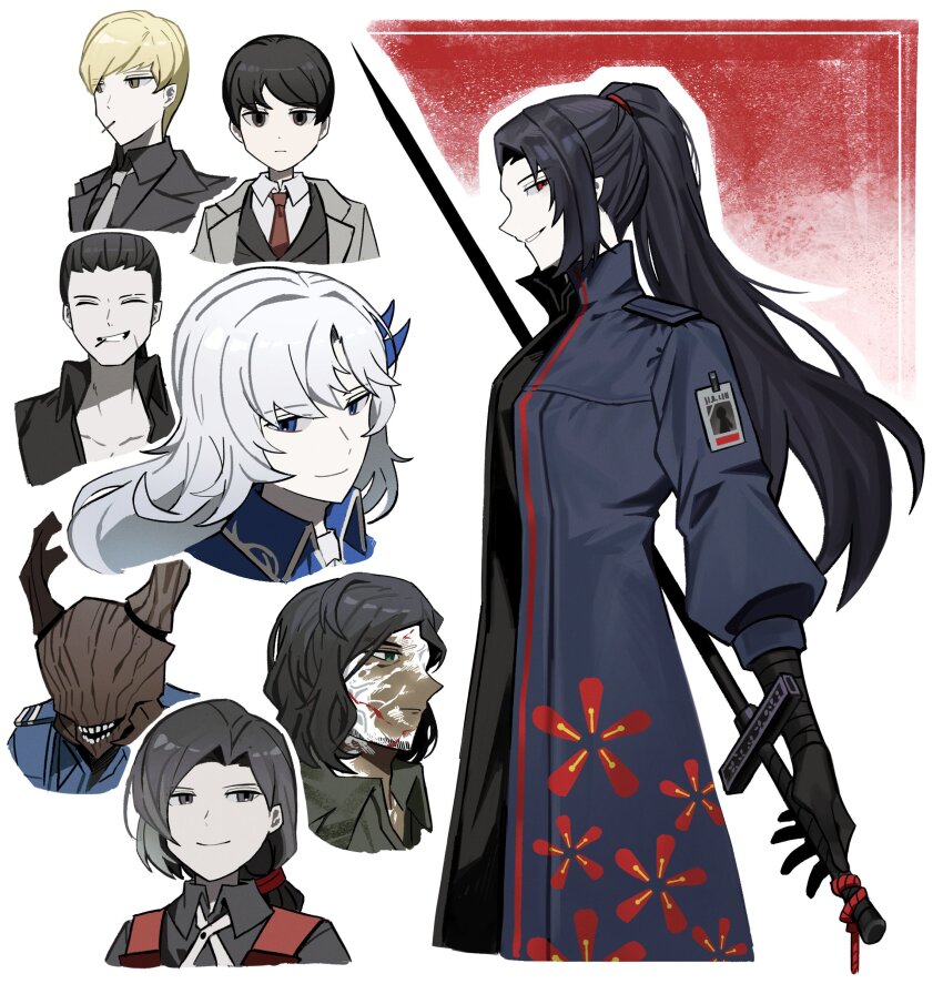 6+boys absurdres argalia_(project_moon) ascot asdf1211950 black_gloves black_hair black_shirt blue_coat blue_eyes closed_mouth coat collared_shirt commentary effie_(project_moon) gin_(project_moon) gloves high_ponytail highres holding holding_sword holding_weapon jia_huan_(project_moon) lapels library_of_ruina long_hair long_sleeves male_focus multiple_boys necktie notched_lapels old_g_corp._head_manager ponytail portrait project_moon puffy_long_sleeves puffy_sleeves rain_(project_moon) red_necktie shirt smile starbuck_(project_moon) sword symbol-only_commentary very_long_hair weapon white_ascot white_hair white_necktie white_shirt wrist_wrap yun_(project_moon)