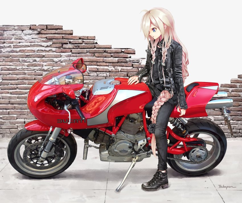 biker black_footwear black_jacket black_pants black_shirt blue_eyes braid brick_wall cevio commentary ducati exhaust_pipe hair_tie handlebar highres ia_(vocaloid) jacket long_hair looking_at_object low-braided_long_hair low-tied_long_hair motor_vehicle motorcycle on_motorcycle pants platinum_blonde_hair shirt side_braid solo takepon1123 twin_braids vehicle_request very_long_hair vocaloid wheel wide_shot zipper