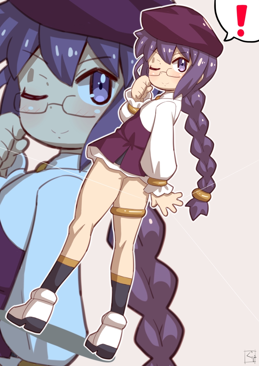 ! 1girl absurdres aged_down beret blush braid braided_ponytail breasts collared_shirt dress fate/grand_order fate_(series) full_body glasses guriguri_(arayotto4351) hat highres jewelry long_hair long_sleeves looking_at_viewer looking_back necktie one_eye_closed paper_moon_(fate/grand_order) purple_dress purple_eyes purple_hair purple_hat shirt sidelocks sion_eltnam_(type-moon) sion_eltnam_sokaris small_breasts smile solo thighlet variant_set white_shirt