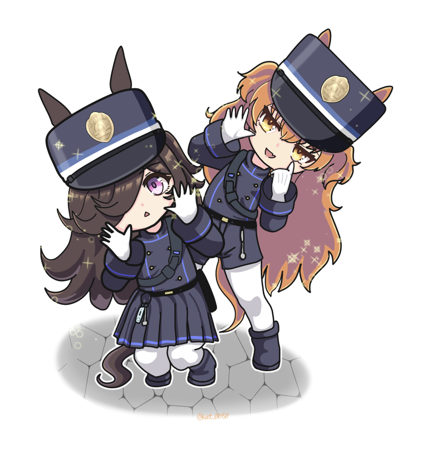2girls absurdres animal_ears black_hat black_jacket black_shoes black_shorts black_skirt blue_archive blue_ribbon buttons chibi chibi_only commentary_request conductor cosplay crime_prevention_buzzer double-breasted ears_through_headwear fang flipped_hair gloves hat hat_ribbon head_tilt highres hikari_(blue_archive) hikari_(blue_archive)_(cosplay) horse_ears horse_girl horse_tail hoshitani_mio iwami_manaka jacket kepi long_hair long_sleeves mayano_top_gun_(umamusume) military_hat multiple_girls nozomi_(blue_archive) nozomi_(blue_archive)_(cosplay) orange_eyes orange_hair pantyhose pleated_skirt pocotas pose_imitation purple_eyes ribbon rice_shower_(umamusume) school_emblem shoes shorts skin_fang skirt sparkle striped_ribbon swept_bangs tail triangle_mouth two-tone_ribbon two_side_up umamusume underwear voice_actor_connection white_gloves white_pantyhose white_ribbon
