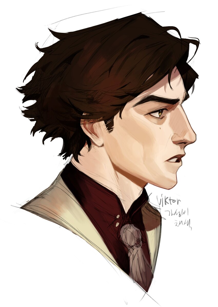 1boy absurdres arcane:_league_of_legends ascot brown_eyes brown_hair brown_shirt character_name collared_shirt commentary cropped_shoulders curtained_hair english_commentary facial_hair grey_background highres jacket league_of_legends looking_ahead male_focus p_(pm_611a) parted_lips profile shirt short_sideburns sideburns_stubble simple_background solo stubble teeth viktor_(arcane) viktor_(league_of_legends) white_jacket
