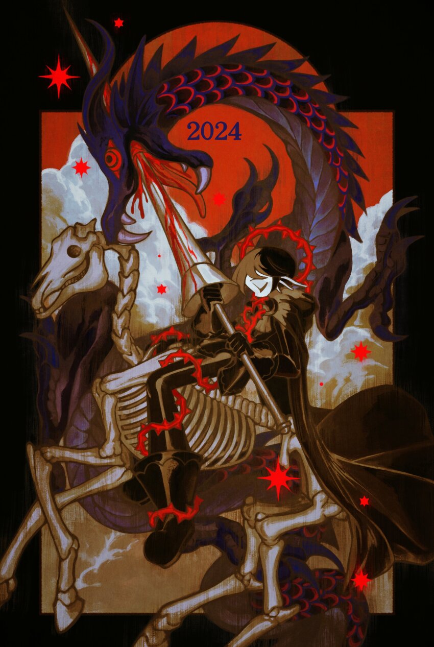 2024 absurdres blood boots closed_eyes dragon gloves highres holding holding_weapon horse horseback_riding impaled mime_404 monster original riding skeleton_horse star_(symbol) weapon