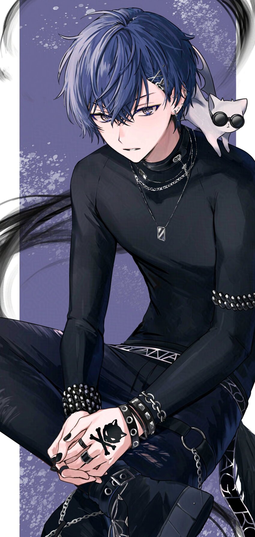 1boy :&lt; absurdres animal animal_on_shoulder armband belt belt_collar black_belt black_boots black_collar black_nails black_pants black_shirt blue_hair boots bracelet cat cat_on_shoulder chain closed_mouth collar commentary_request crossed_bangs ear_chain ear_piercing earrings figure_four_sitting hair_between_eyes hair_ornament hairclip hand_tattoo highres jewelry koyanagi_rou koyanagi_rou_(2nd_costume) long_sleeves looking_to_the_side male_focus multicolored_eyes multiple_bracelets multiple_earrings nail_polish necklace nijisanji otomo_(koyanagi_rou) own_hands_clasped own_hands_together pants parted_bangs parted_lips piercing shirt short_hair sitting solo studded_bracelet sunglasses tattoo tone_haruma virtual_youtuber white_cat